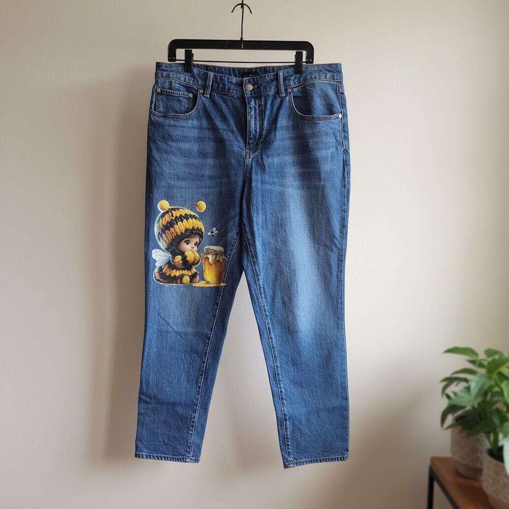 Vintage Women's Talbots Blue Jeans Relaxed Fit Size 12 Spring Bee Print Jeans